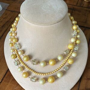 Vintage Elegant Yellow Beaded Pearl multi strand Necklace